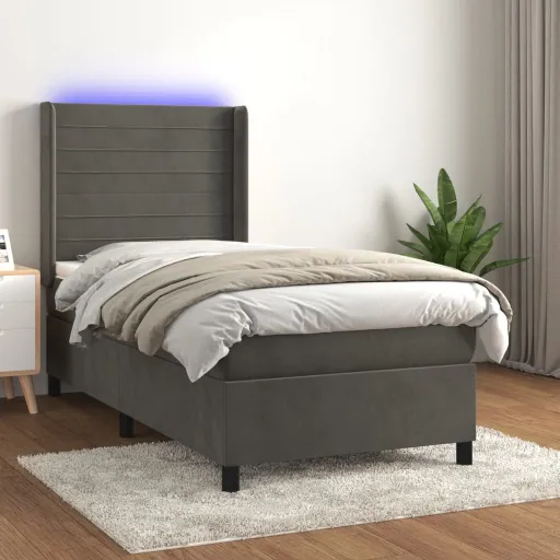 Cama Box Spring c/ Colchão/LED 100x200cm Veludo Cinzento-Escuro