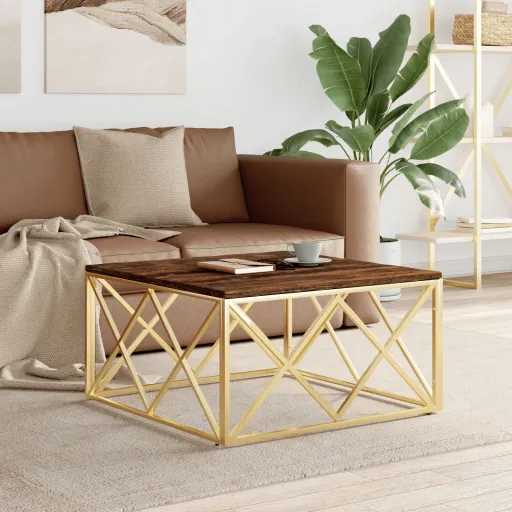 Mesa de Centro Aço Inoxidável/Madeira Recuperada Maciça Dourado