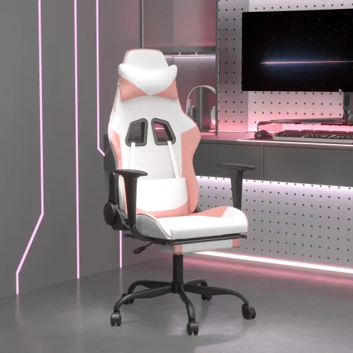 Cadeira Gaming com Apoio p/ Pés Couro Artificial Branco e Rosa