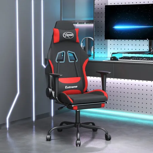 Cadeira de Gaming c/ Apoio para os Pés Tecido Preto e Vermelho