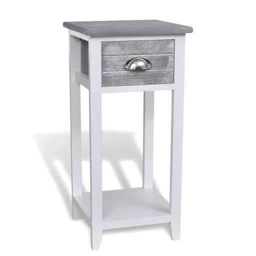Mesa de Cabeceira com 1 Gaveta, Cinzento e Branco