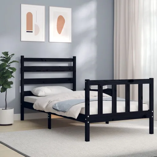 Estrutura Cama de Solteiro c/ Cabeceira Madeira Maciça Preto