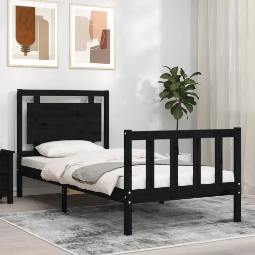 Estrutura Cama de Solteiro c/ Cabeceira Madeira Maciça Preto