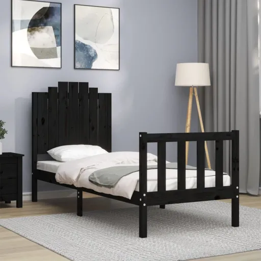 Estrutura Cama de Solteiro c/ Cabeceira Madeira Maciça Preto
