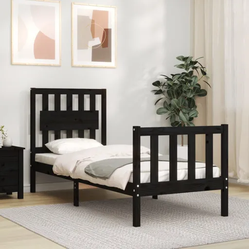 Estrutura Cama de Solteiro c/ Cabeceira Madeira Maciça Preto
