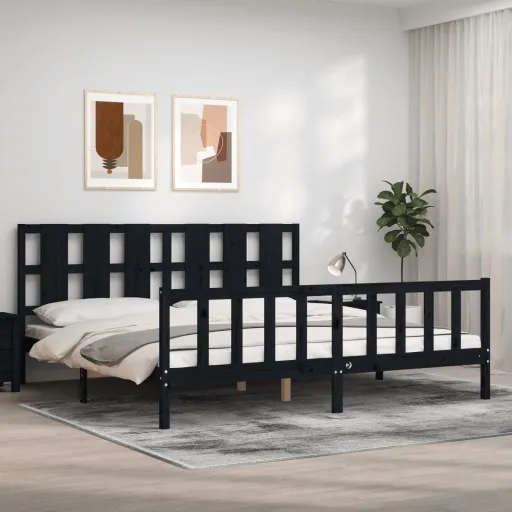 Estrutura de Cama com Cabeceira 200x200 cm Madeira Maciça Preto