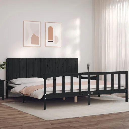 Estrutura de Cama com Cabeceira 200x200 cm Madeira Maciça Preto