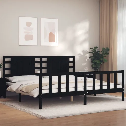 Estrutura de Cama com Cabeceira 200x200 cm Madeira Maciça Preto