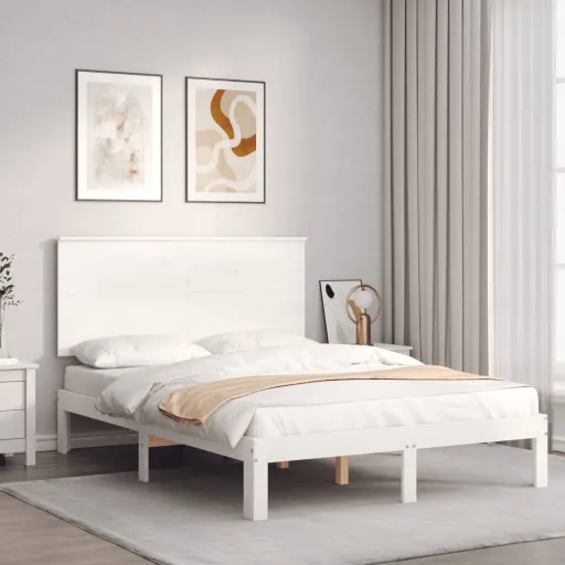 Estrutura de Cama de Casal c/ Cabeceira Madeira Maciça Branco