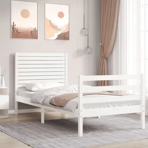 Estrutura Cama de Solteiro c/ Cabeceira Madeira Maciça Branco