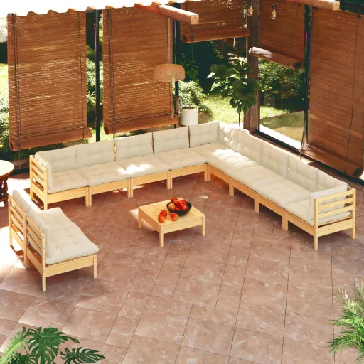 Conjunto Lounge Jardim c/ Almofadões Creme Pinho Maciço (12 pcs)