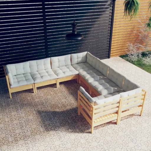 Conjunto Lounge Jardim c/ Almofadões Creme Pinho Maciço (8 pcs)