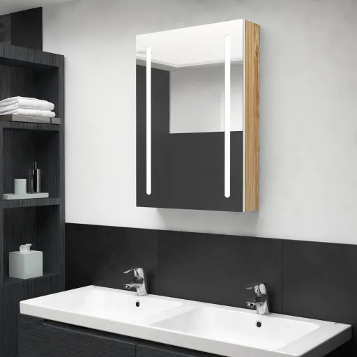 Armário Espelhado Casa de Banho LED 50x13x70 cm Branco/Carvalho