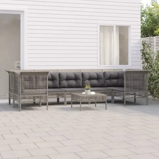 Conjunto Lounge de Jardim c/ Almofadões Vime PE Cinzento (8 pcs)