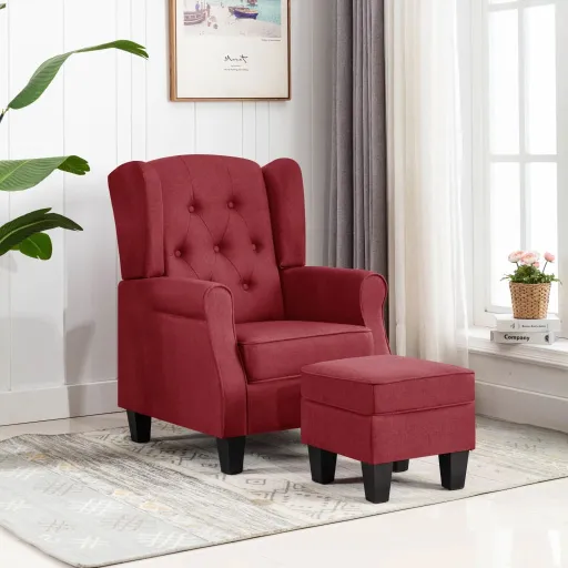 Poltrona com Apoio de Pés Tecido Vermelho Tinto