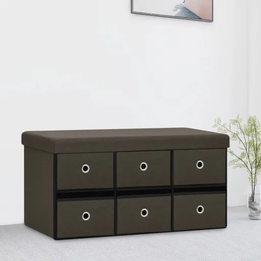 Banco Arrumação Dobrável 76x38x38cm Linho Falso Castanho-Escuro