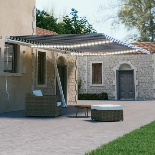 Toldo Automático LED e Sensor de Vento 600x300 cm Azul e Branco