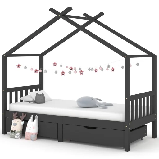Cama p/ Crianças c/ Gavetas 90x200 cm Pinho Maciço Cinza-Escuro