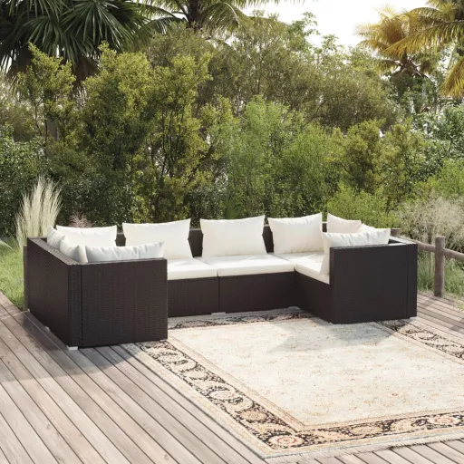 Conjunto Lounge de Jardim c/ Almofadões Vime PE Preto (6 pcs)