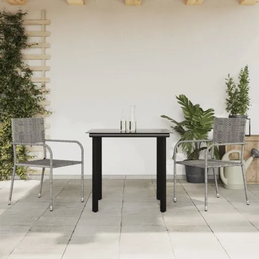 Conjunto de Jantar para Jardim Vime PE e Aço Cinza/Preto (3 pcs)