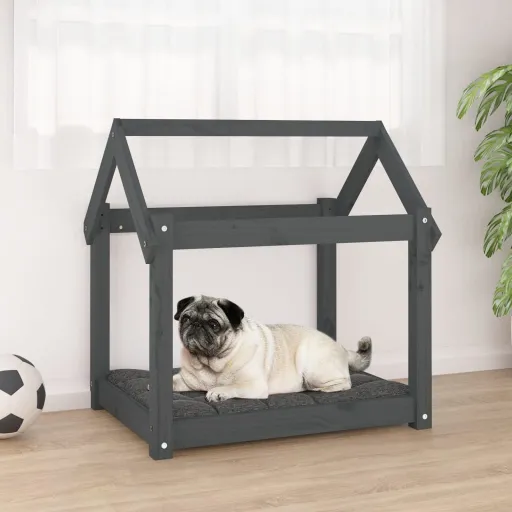 Cama para Cães 71x55x70 cm Madeira de Pinho Maciça Cinza
