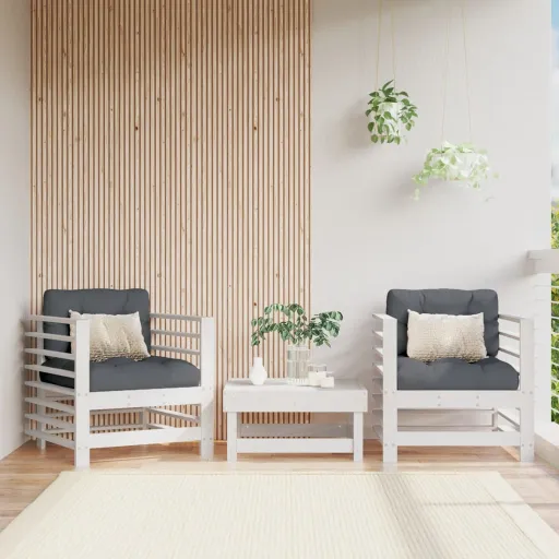 Cadeiras de Jardim c/ Almofadões   Pinho Maciço Branco (2 pcs)