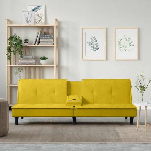 Sofá-Cama com Suporte para Copos Veludo Amarelo