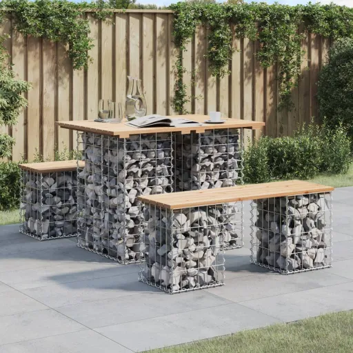 Mesa de Jardim com Design de Gabião 100x70x72 cm em Madeira Maciça de Pinho