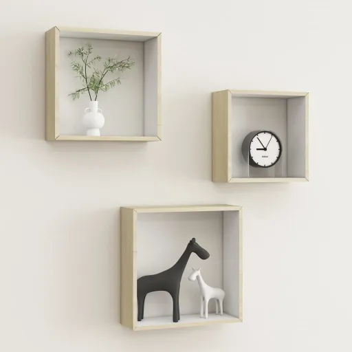 Prateleiras Parede Forma de Cubo   cm Branco/Carvalho Sonoma (3 pcs)