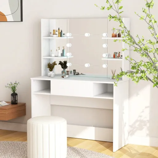 Mesa de Maquilhagem c/ Luzes LED 100x40x135 cm MDF Branco
