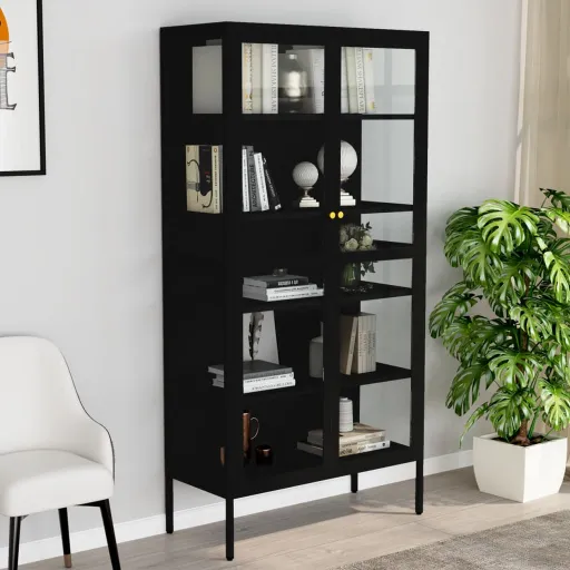 Vitrine 90x40x180 cm Vidro Temperado e Aço Preto