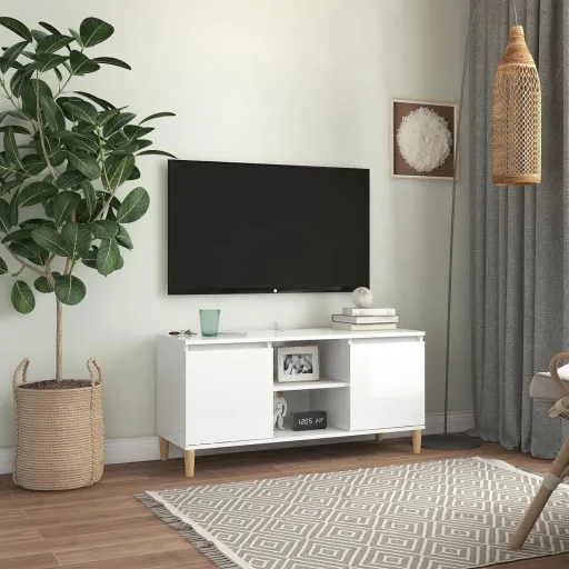 Móvel de TV Pernas de Madeira 103,5x35x50 cm Branco Brilhante