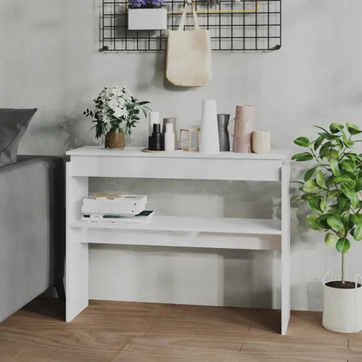 Mesa Consola 102x30x80 cm Derivados Madeira Branco Brilhante
