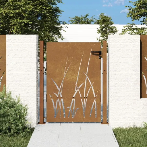 Portão de Jardim 100x125 cm em Aço Corten com Design de Grama