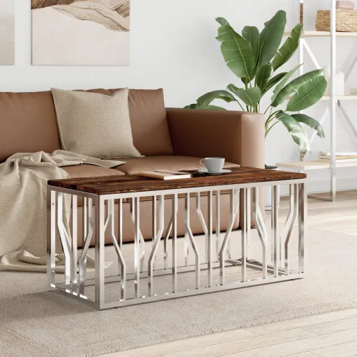 Mesa de Centro Aço Inoxidável e Madeira Recuperada Maciça