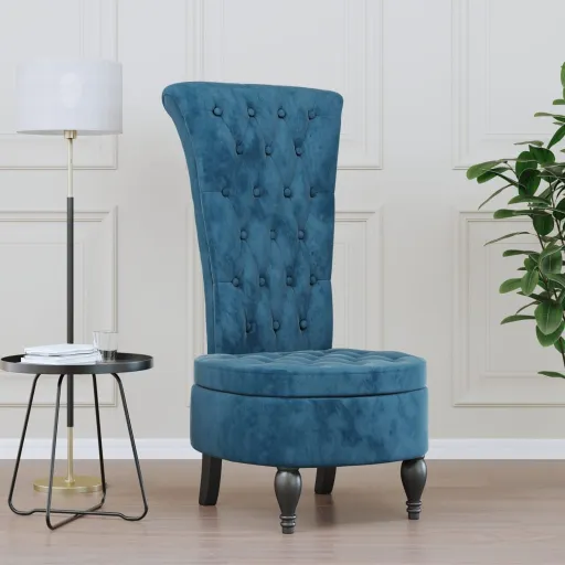 Cadeirão com Encosto Alto Veludo Azul Design de Botões