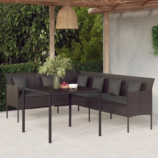 Conjunto de Jantar p/ Jardim c/ Almofadões Vime PE Preto (2 pcs)
