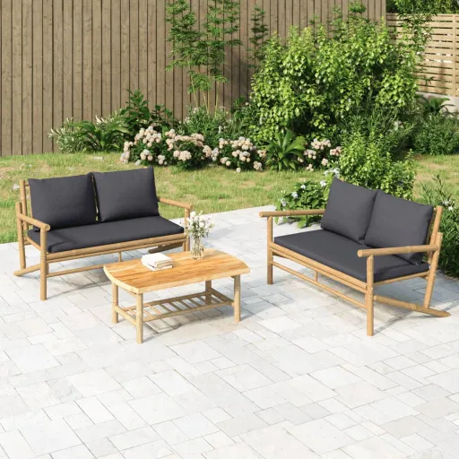 Conj. Lounge de Jardim Bambu c/ Almofadões Cinzento-Escuro (2 pcs)