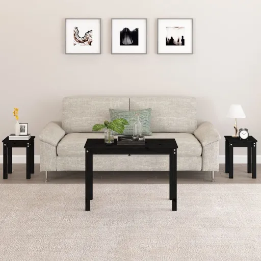 Mesas de Encastrar   Madeira de Pinho Maciça Preto (3 pcs)