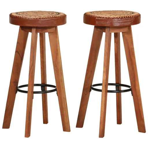 Bancos de Bar   Madeira de Acácia Maciça e Couro Genuíno (2 pcs)