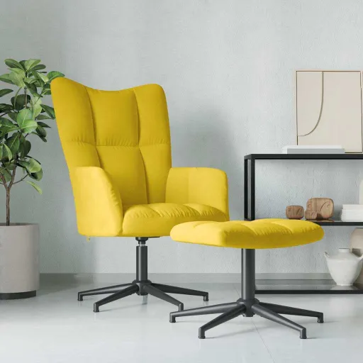 Cadeira de Descanso com Banco Veludo Amarelo Mostarda