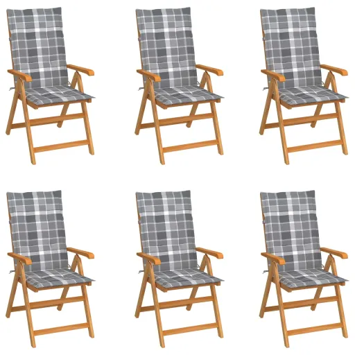 Cadeiras Jardim c/ Almofadões Xadrez Cinzento   Teca Maciça (6 pcs)
