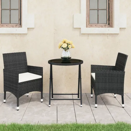 Conjunto Bistrô p/ Jardim Vime PE e Vidro Temperado Preto (3 pcs)