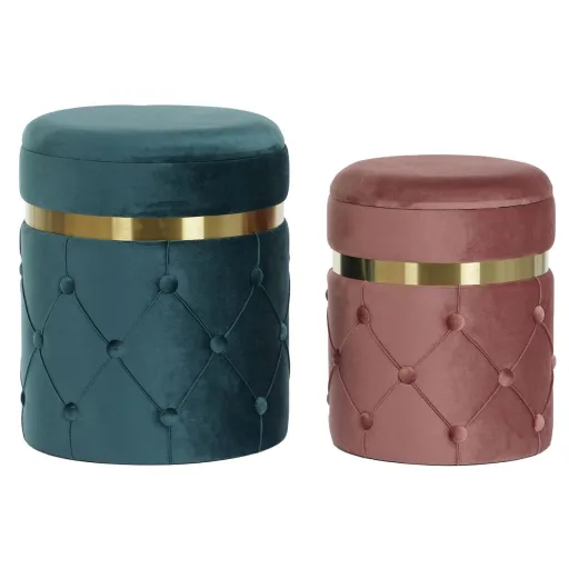 Repousa Pés DKD Home Decor Verde Cor de Rosa Rosa-Escuro Dourado Veludo 36 x 36 x 44 cm (2)
