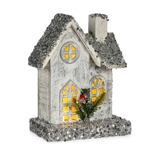 Figura Decorativa Krist+ Branco Cinzento Purpurina Casa Natal 19,5 x 25 x 9 cm Leve LED