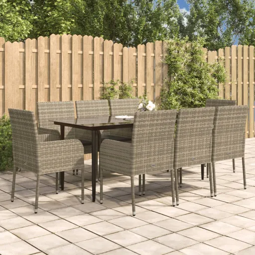 Conjunto Jantar Jardim c/ Almofadões Vime PE Preto/Cinza (9 pcs)