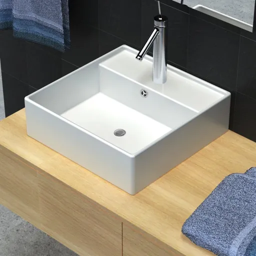 Lavatório Cerâmica Quadrado Luxuoso, Furo Descarga e Torneira 41x41cm