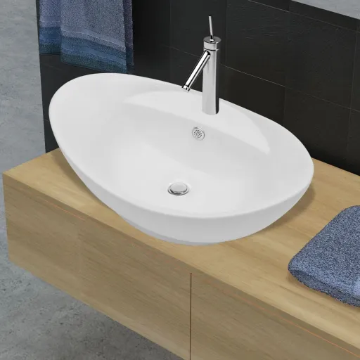 Lavatório Cerâmico Oval Branco com Buraco para Torneira