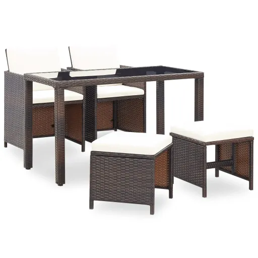 Conjunto de Jantar Exterior c/ Almofadões Vime Castanho (5 pcs)