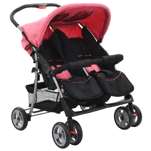 Carrinho de Bebé para Gémeos Aço Cor-de-Rosa e Preto